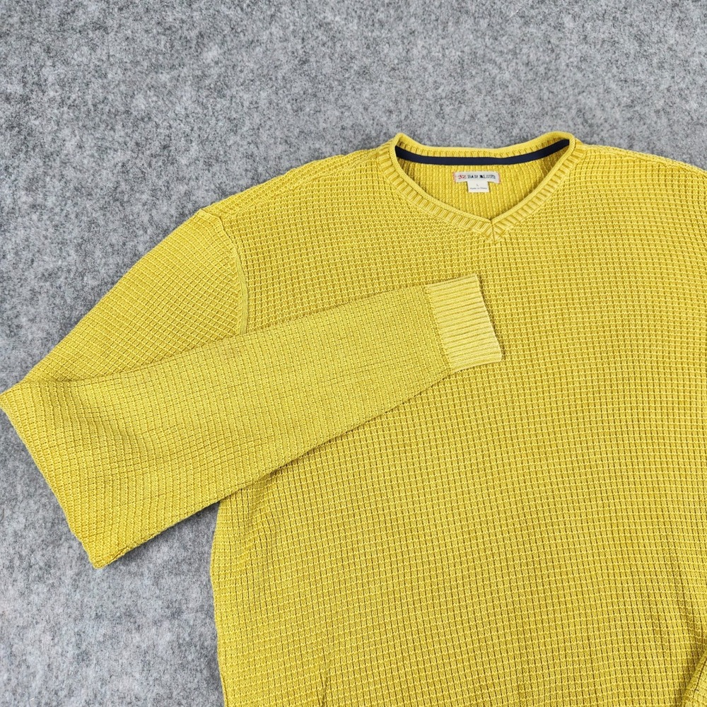 32 Bar Blues Sweater Men L Yellow Waffle Knit V Neck Pullover Long Sleeve Casual
